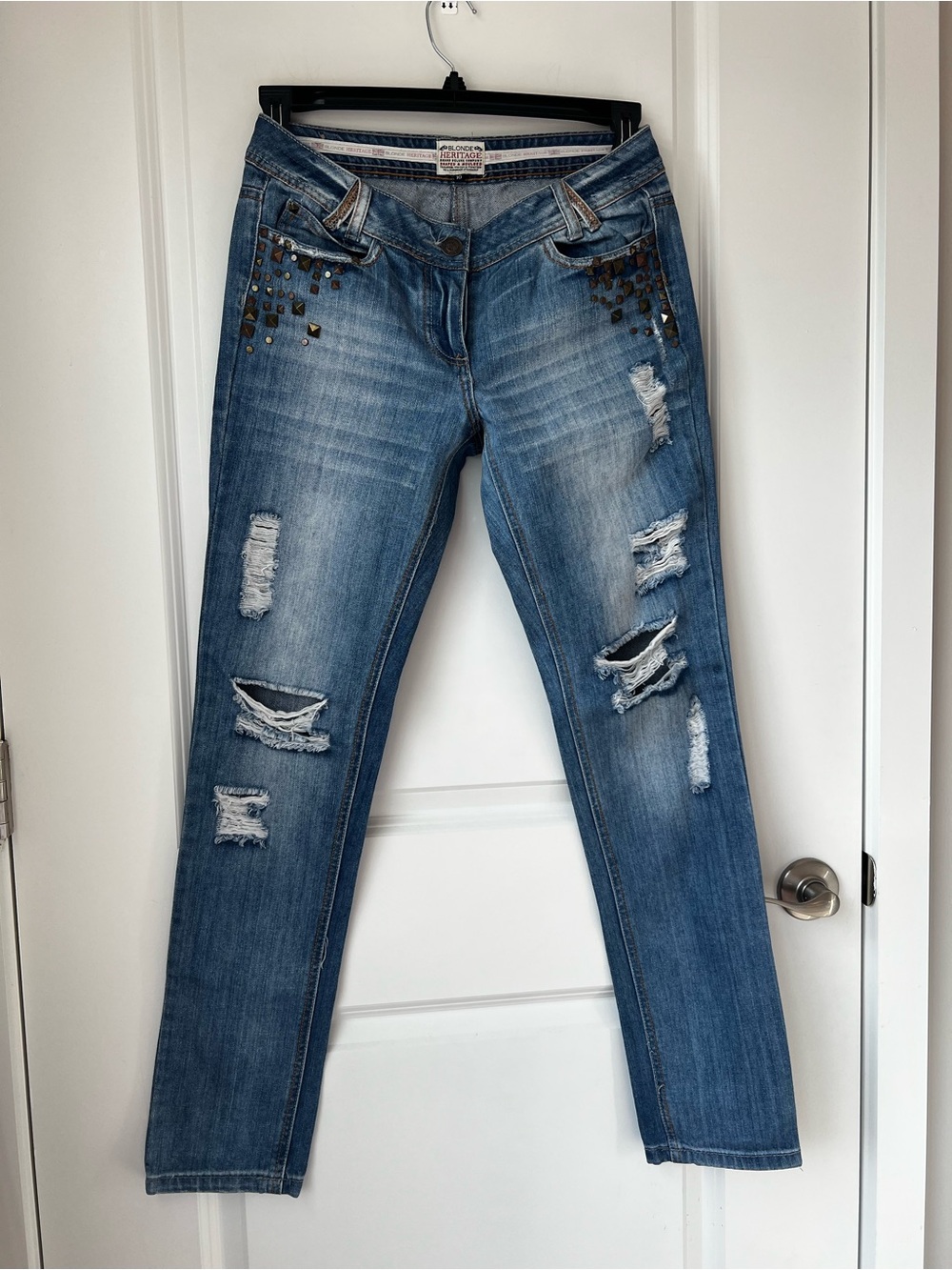 Heritage Blue Distressed Boyfriend Jeans with Stud Accents